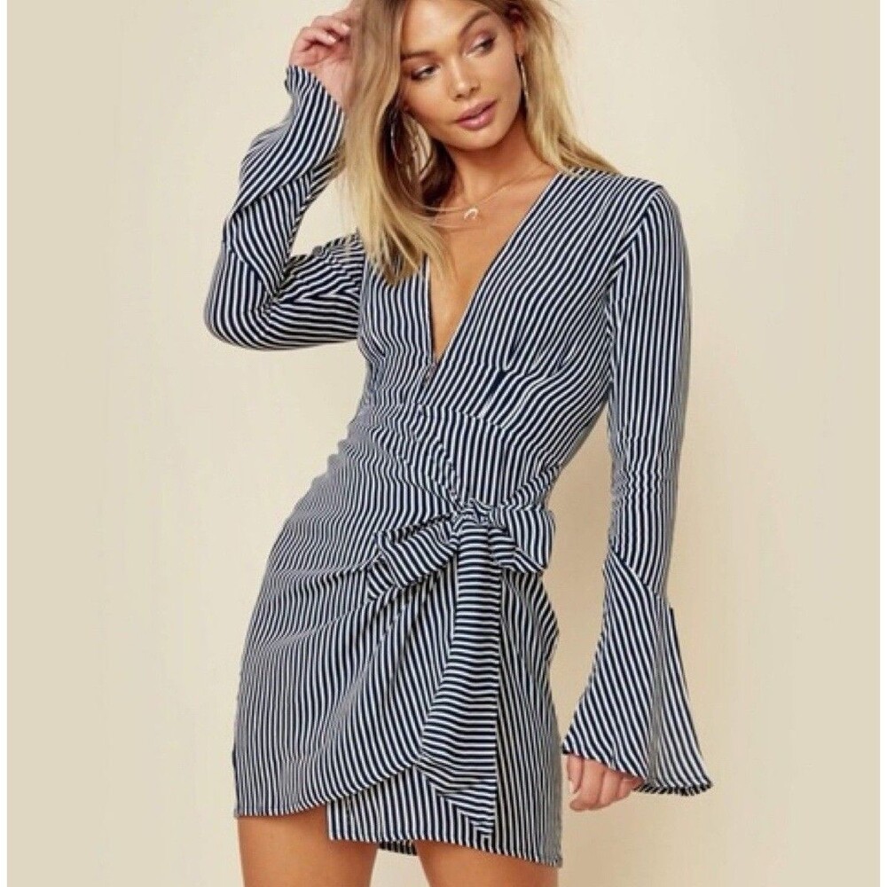 Faithfull Navy White Stripe Faux Wrap Plunging Mini Dress Bell Sleeve Sz 6 Vneck